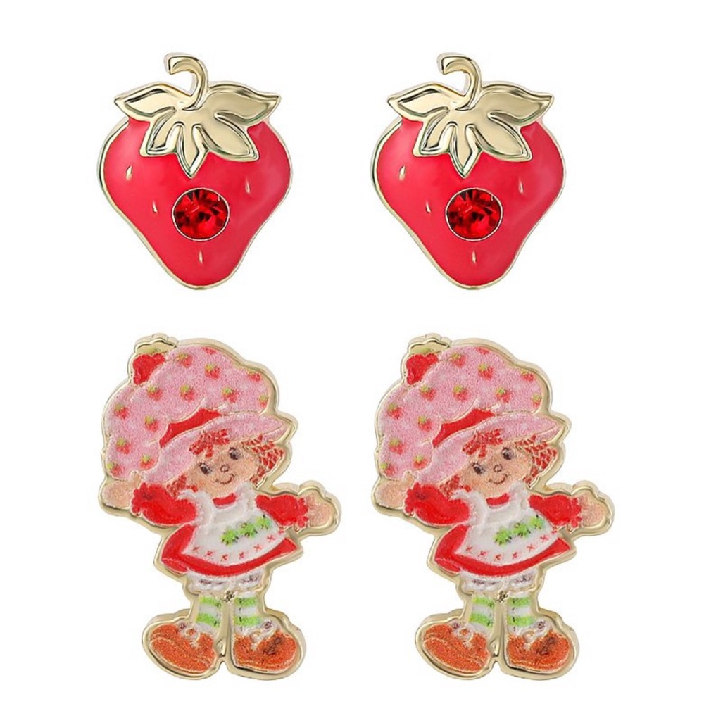 Strawberry Shortcake 18K Gold Plated 2-Pair Stud Earrings Set
